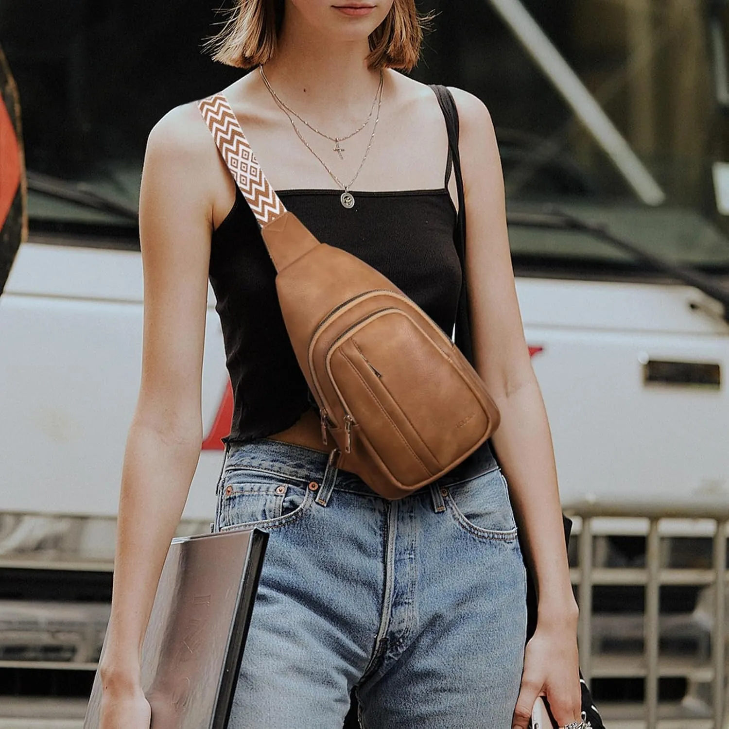 Sling Bag for Women Crossbody Purse Vegan Leather Fanny Pack Chest Bag Camel Brown