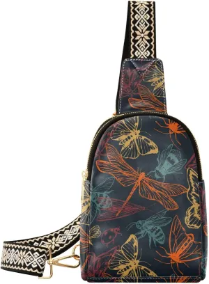 Small Sling Bag Fanny Packs Crossbody Bags for Women Colorful Flying Insects Leather Fashion Chest Bag Belt Bag for Women for Travel Sports Running Hiking