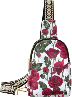 Small Sling Bag Fanny Packs Crossbody Bags for Women Rose Flower Leaves Leather Fashion Chest Bag Belt Bag for Women for Travel Sports Running Hiking