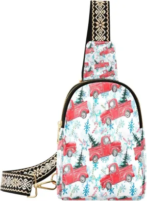 Small Sling Bag Fanny Packs Crossbody Bags for Women Watercolor Red Truck Leather Fashion Chest Bag Belt Bag for Women for Travel Sports Running Hiking