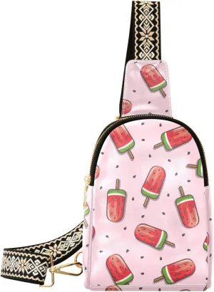 Small Sling Bag for Women Fruit Watermelon Popsicle PC Leather Fanny Pack Crossbody Summer Ice Cream Fashion Waist Packs Chest Bag for Travel Sports Running Hiking