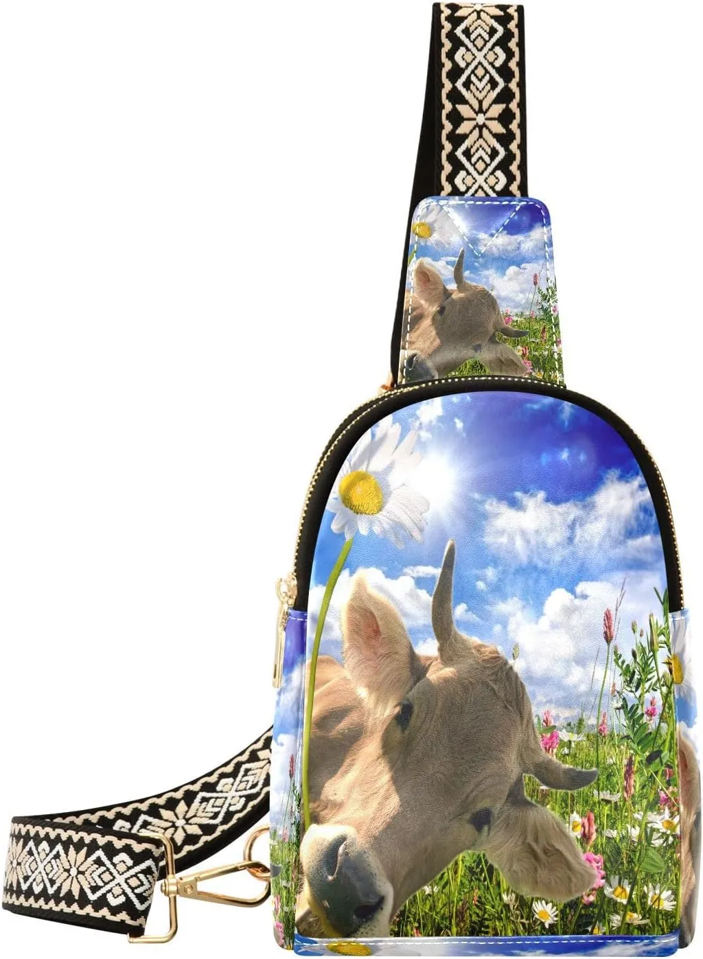 Small Sling Bag for Women Funny Cow Spring PC Leather Fanny Pack Crossbody Floral Sky Blue Summer Fashion Waist Packs Chest Bag for Travel Sports Running Hiking
