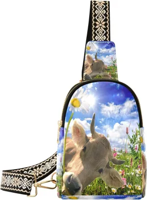 Small Sling Bag for Women Funny Cow Spring PC Leather Fanny Pack Crossbody Floral Sky Blue Summer Fashion Waist Packs Chest Bag for Travel Sports Running Hiking