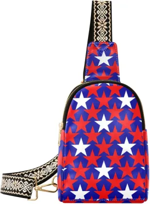 Small Sling Bag for Women Red and White Stars PC Leather Fanny Pack Crossbody Fashion Waist Packs Chest Bag for Travel Sports Running Hiking