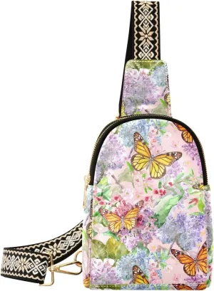 Small Sling Bag for Women Watercolor Butterfly PC Leather Fanny Pack Crossbody Pink Romantic Flower Fashion Waist Packs Chest Bag for Travel Sports Running Hiking