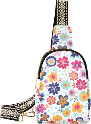 Small Sling Bag for Women White Colorful Flowers PC Leather Fanny Pack Crossbody Fashion Waist Packs Chest Bag for Travel Sports Running Hiking