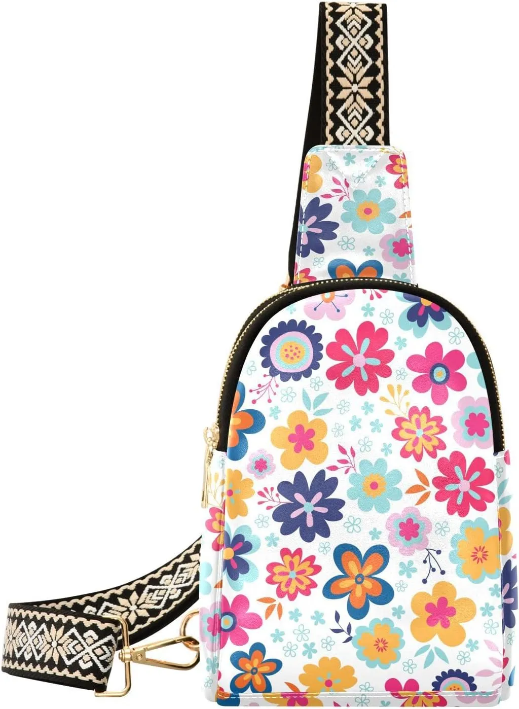 Small Sling Bag for Women White Colorful Flowers PC Leather Fanny Pack Crossbody Fashion Waist Packs Chest Bag for Travel Sports Running Hiking