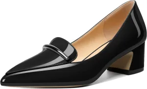 Soireelady Womens Block Heel Low Chunky Heels, Pointed Toe Loafer Heels Slip On Dress Shoes 2''