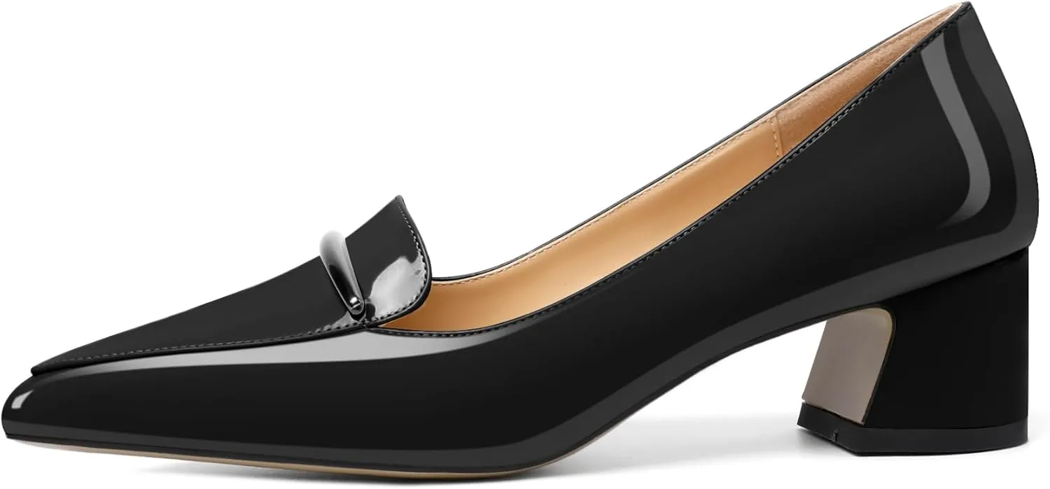 Soireelady Womens Block Heel Low Chunky Heels, Pointed Toe Loafer Heels Slip On Dress Shoes 2''