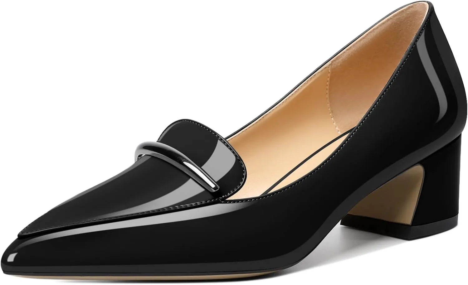 Soireelady Womens Block Heel Low Chunky Heels, Pointed Toe Loafer Heels Slip On Dress Shoes 2''
