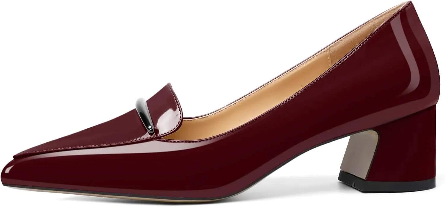 Soireelady Womens Block Heel Low Chunky Heels, Pointed Toe Loafer Heels Slip On Dress Shoes 2''