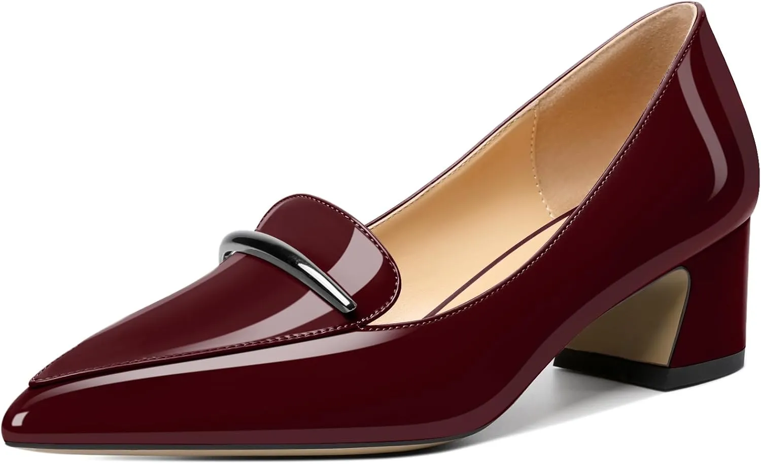 Soireelady Womens Block Heel Low Chunky Heels, Pointed Toe Loafer Heels Slip On Dress Shoes 2''