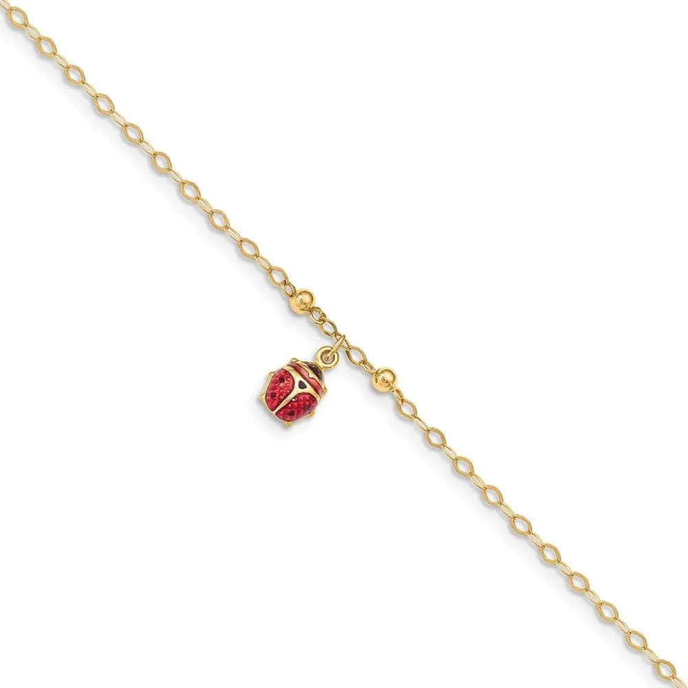 Sonia Jewels 14k Yellow Gold Adjustable Enameled Ladybug Anklet - with Secure Lobster Lock Clasp 10"