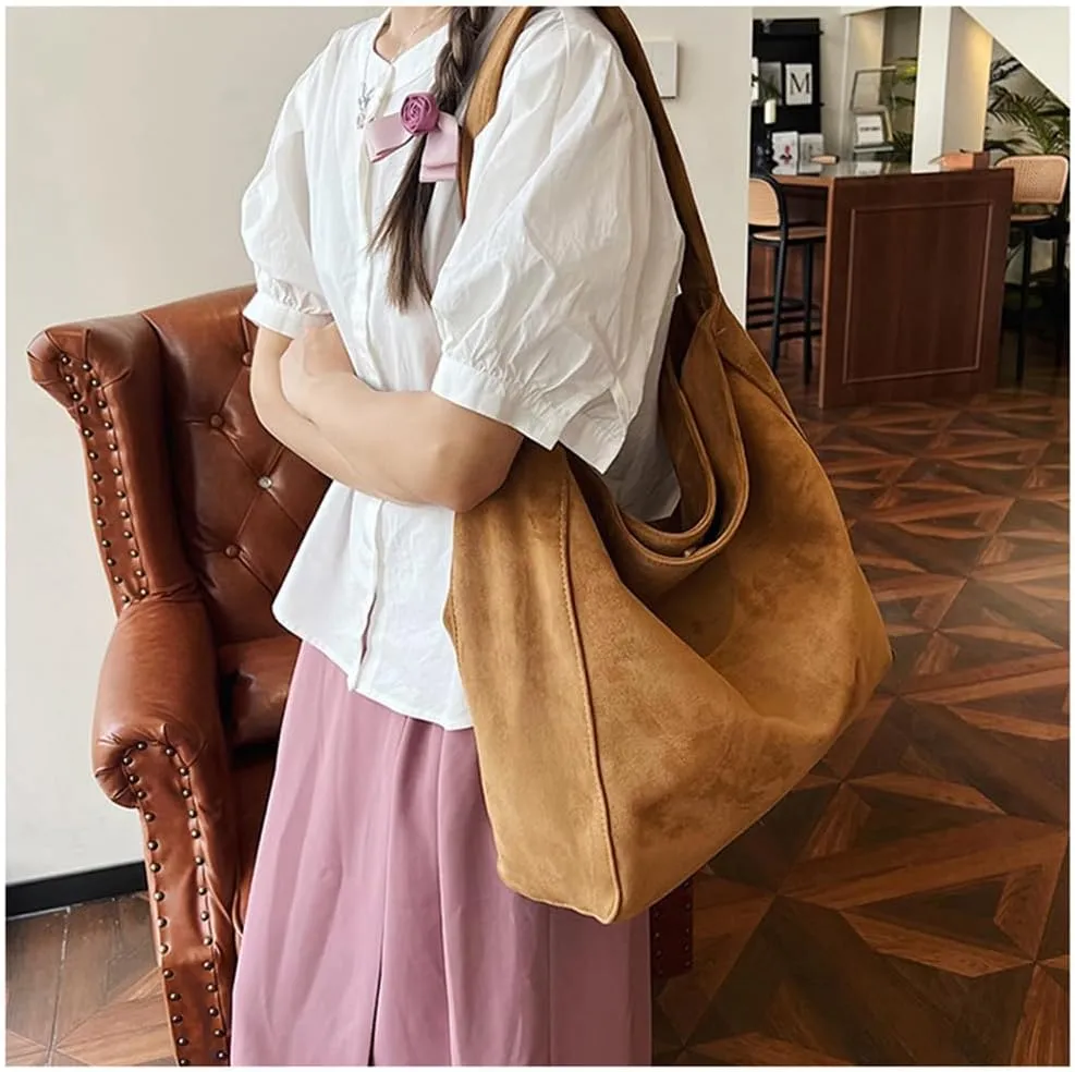Suede Hobo Bags for Women Suede Shoulder Tote Bag Slouchy Hobo Crescent Handbag Retro Fall Bag for Work Shopping