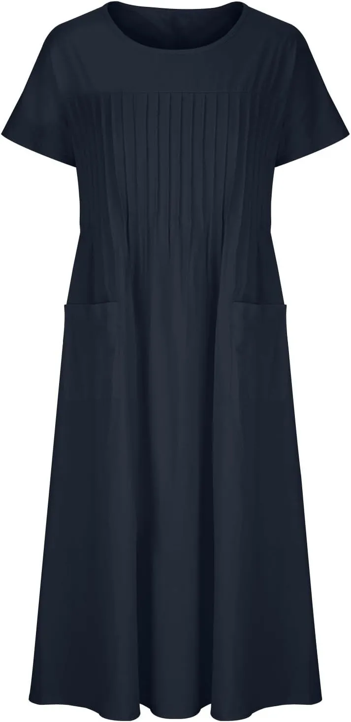 Summer Cotton Linen Dresses for Women Loose Crew Neck Casual Short Sleeve Sundress Fashion Pleated Pocket Dress