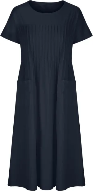 Summer Cotton Linen Dresses for Women Loose Crew Neck Casual Short Sleeve Sundress Fashion Pleated Pocket Dress