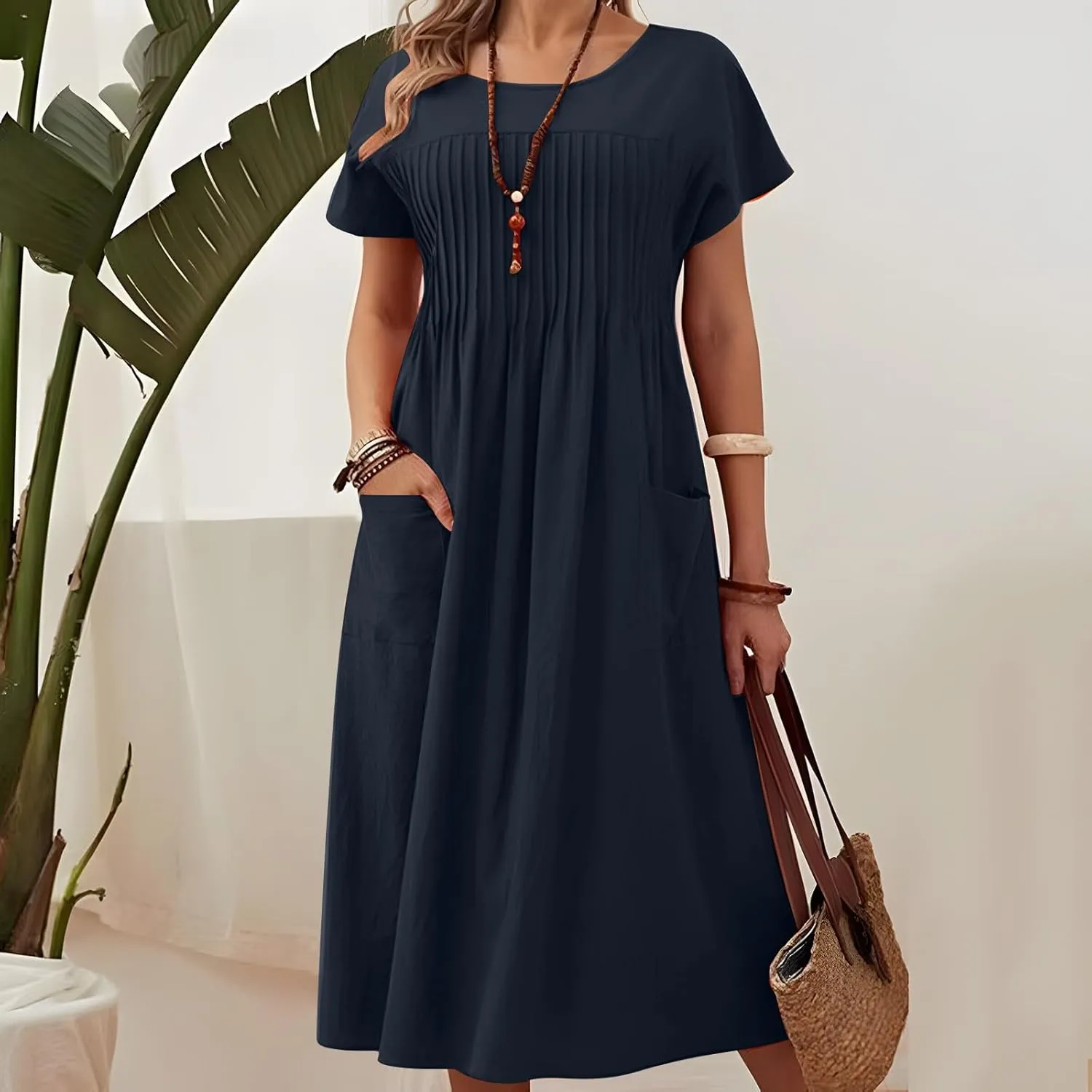 Summer Cotton Linen Dresses for Women Loose Crew Neck Casual Short Sleeve Sundress Fashion Pleated Pocket Dress