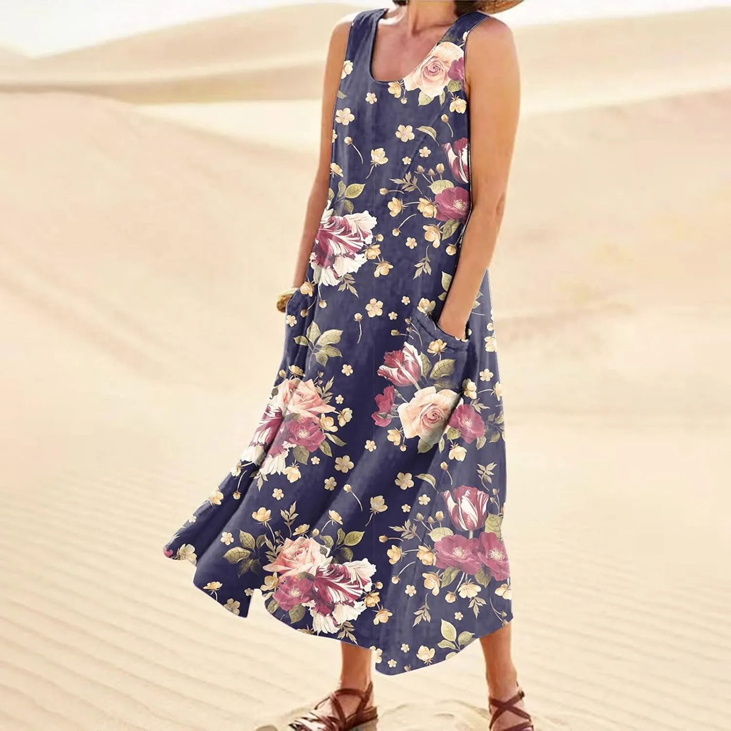 Summer Dress for Women 2025 Plus Size Sundress Floral Crewneck Sleeveless Dress Cotton Linen Beach Dress with Pockets