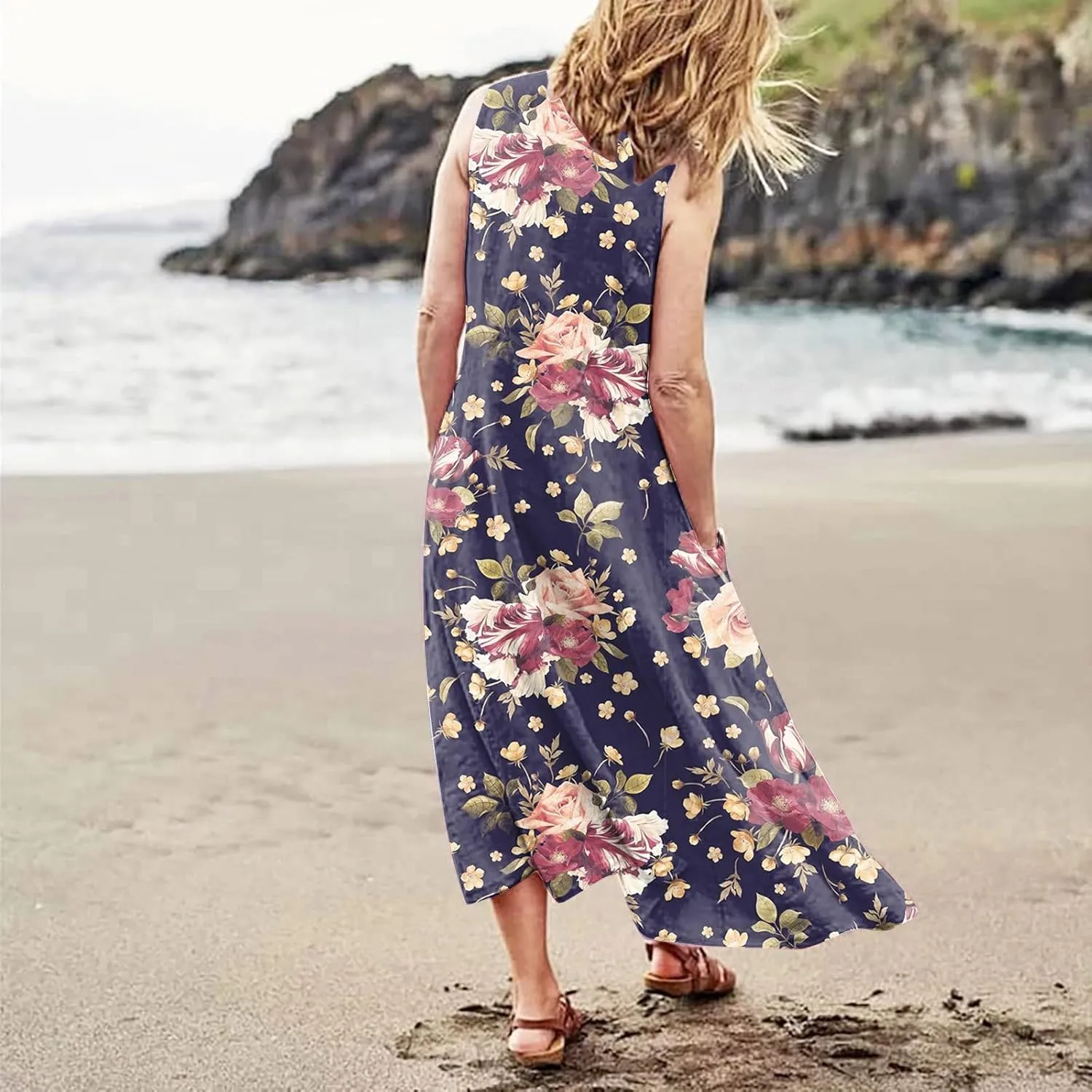 Summer Dress for Women 2025 Plus Size Sundress Floral Crewneck Sleeveless Dress Cotton Linen Beach Dress with Pockets