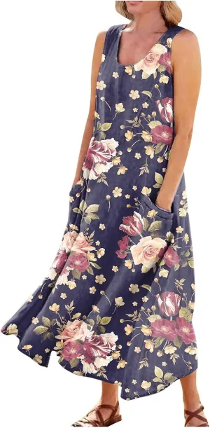 Summer Dress for Women 2025 Plus Size Sundress Floral Crewneck Sleeveless Dress Cotton Linen Beach Dress with Pockets
