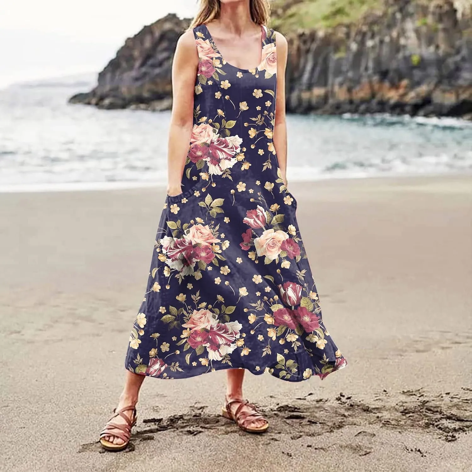 Summer Dress for Women 2025 Plus Size Sundress Floral Crewneck Sleeveless Dress Cotton Linen Beach Dress with Pockets