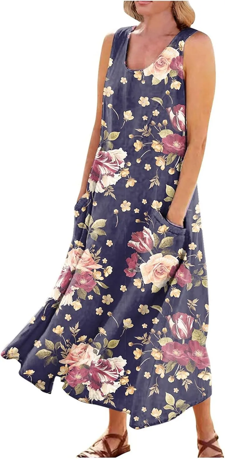 Summer Dress for Women 2025 Plus Size Sundress Floral Crewneck Sleeveless Dress Cotton Linen Beach Dress with Pockets