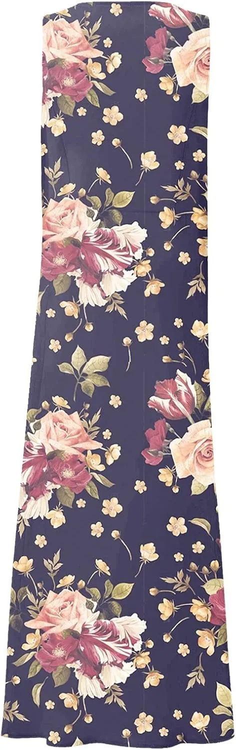 Summer Dress for Women 2025 Plus Size Sundress Floral Crewneck Sleeveless Dress Cotton Linen Beach Dress with Pockets