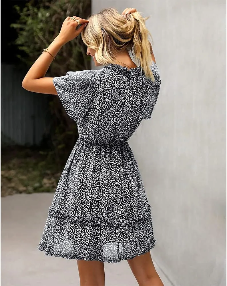 Summer Dress for Women, Ruffle Floral Short Sleeve Mini Dress Sexy V Neck Casual Women A Line Dresses