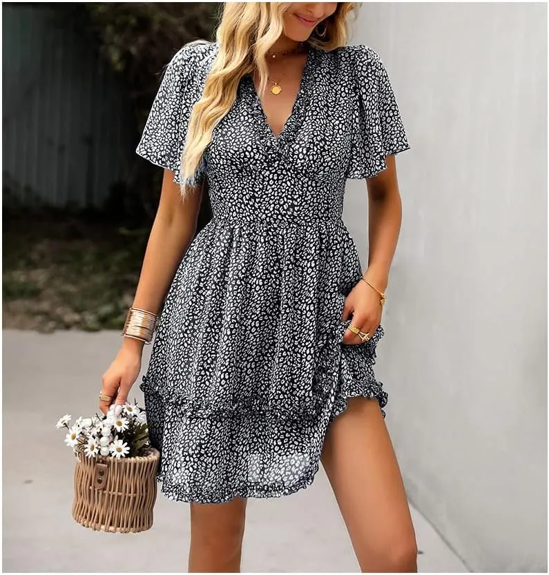 Summer Dress for Women, Ruffle Floral Short Sleeve Mini Dress Sexy V Neck Casual Women A Line Dresses