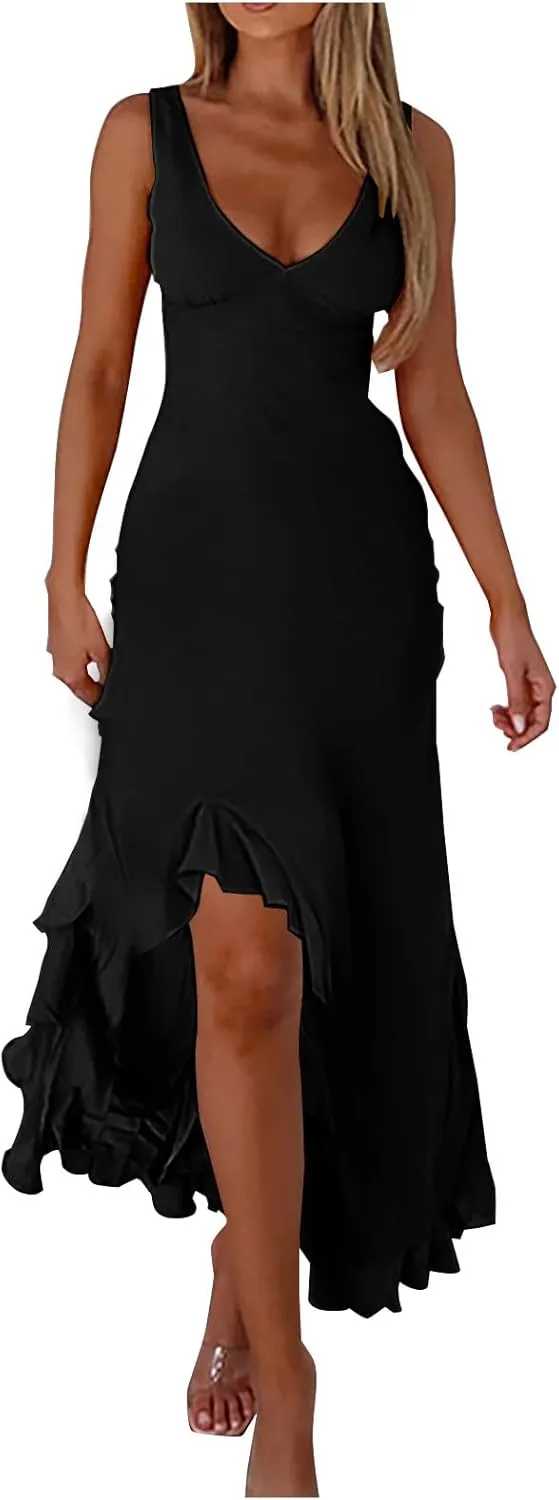 Summer Dress for Women Sexy V Neck Sleeveless Bodycon Maxi Dresses Asymmetric Ruffle Swing Dress Cocktail Party Dress