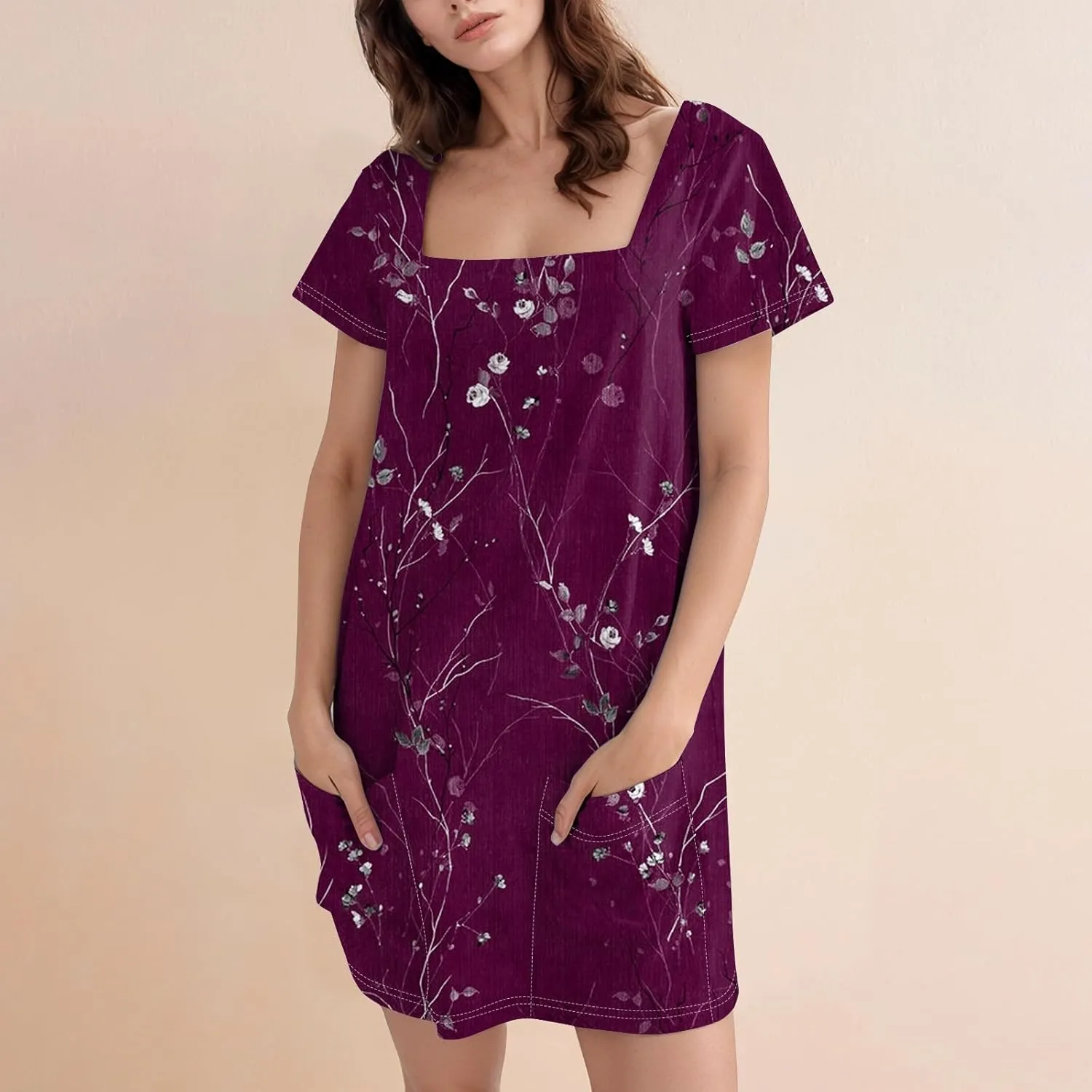 Summer Dress T-Shirt Dress Short Sleeve Square Neck Plus Size Dresses for Curvy Women Fashion Mini Dress with Pockets