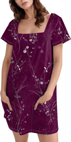 Summer Dress T-Shirt Dress Short Sleeve Square Neck Plus Size Dresses for Curvy Women Fashion Mini Dress with Pockets