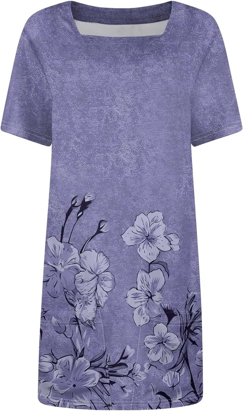 Summer Dress T-Shirt Dress Short Sleeve Square Neck Plus Size Dresses for Curvy Women Fashion Mini Dress with Pockets