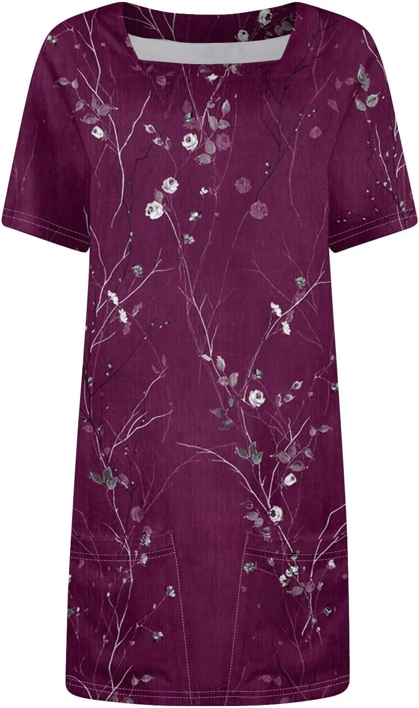 Summer Dress T-Shirt Dress Short Sleeve Square Neck Plus Size Dresses for Curvy Women Fashion Mini Dress with Pockets