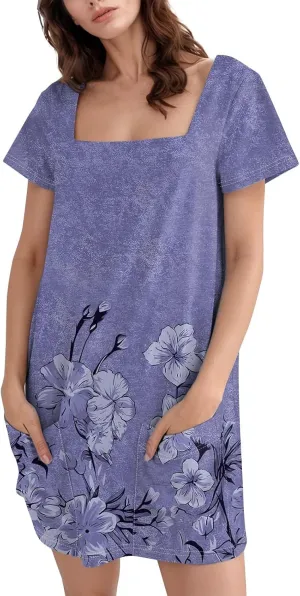 Summer Dress T-Shirt Dress Short Sleeve Square Neck Plus Size Dresses for Curvy Women Fashion Mini Dress with Pockets