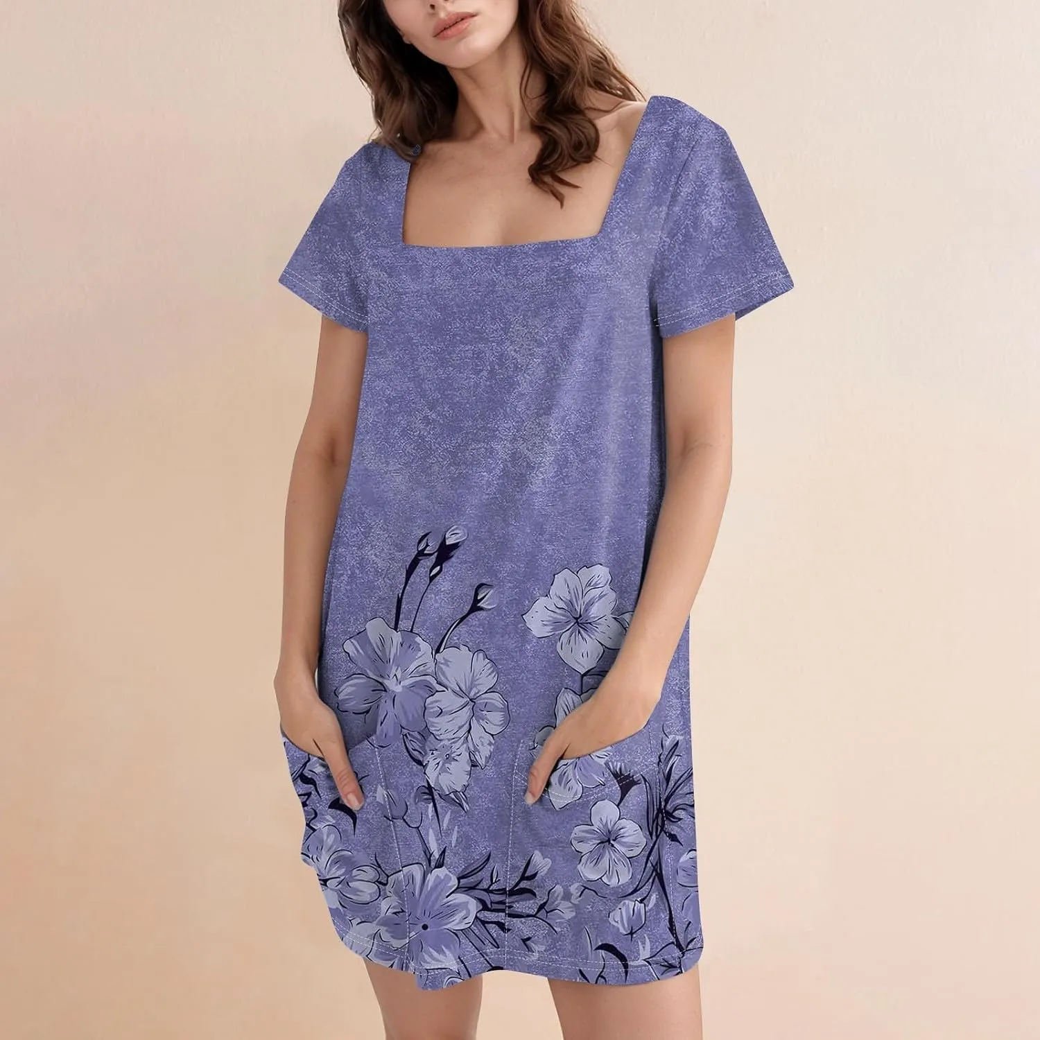 Summer Dress T-Shirt Dress Short Sleeve Square Neck Plus Size Dresses for Curvy Women Fashion Mini Dress with Pockets