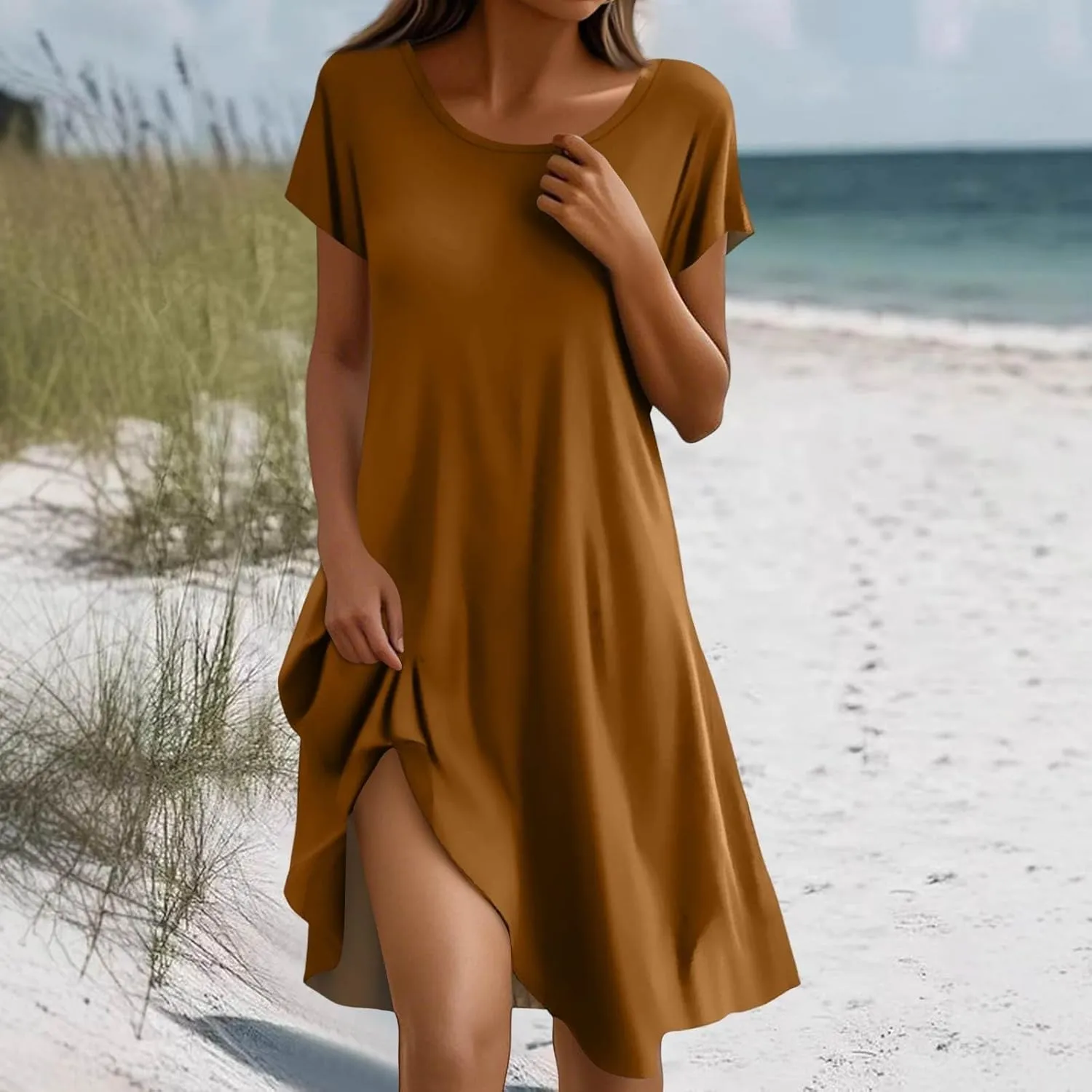 Summer Dresses for Women 2025 Casual Crewneck Beach Floral Tshirt Dress Short Sleeve Mini Dresses Flowy Sundresses