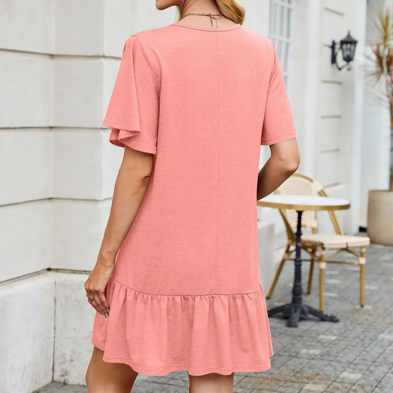 Summer Dresses for Women 2025 Short Sleeve Tshirt Dress Ruffle Hem Solid Loose Pleated Smock Mini Dresses