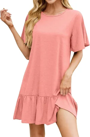 Summer Dresses for Women 2025 Short Sleeve Tshirt Dress Ruffle Hem Solid Loose Pleated Smock Mini Dresses