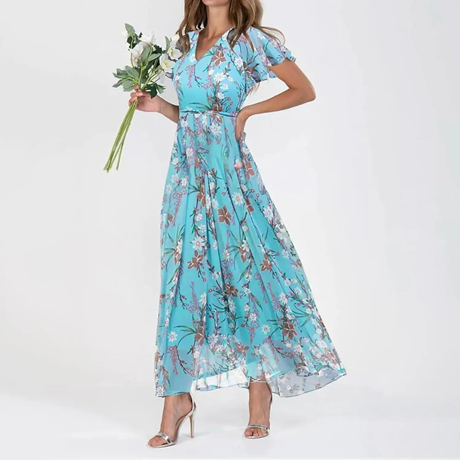 Summer Dresses for Women 2025 Swing Flowy Ruffle Hem Chiffon Floral Dresses Elegant Wrap V Neck Boho Maxi Dress