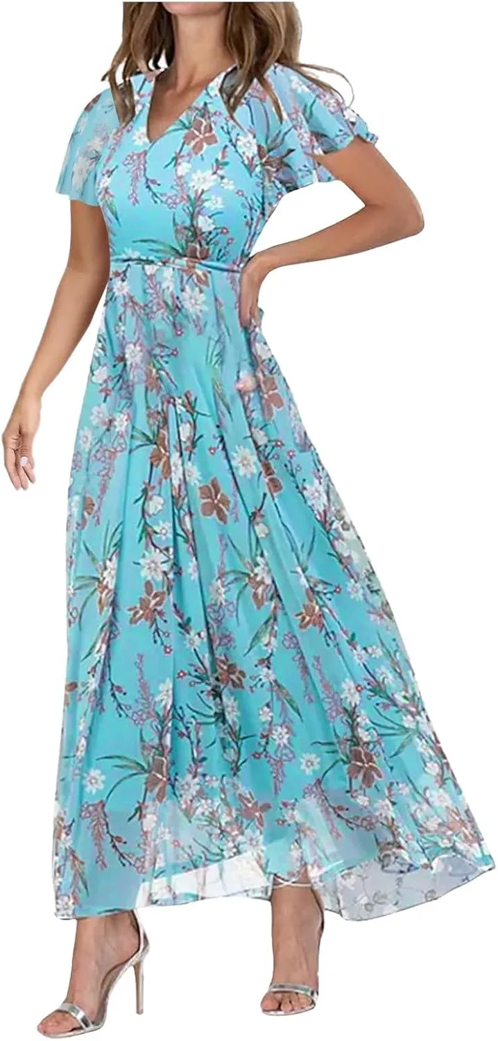 Summer Dresses for Women 2025 Swing Flowy Ruffle Hem Chiffon Floral Dresses Elegant Wrap V Neck Boho Maxi Dress