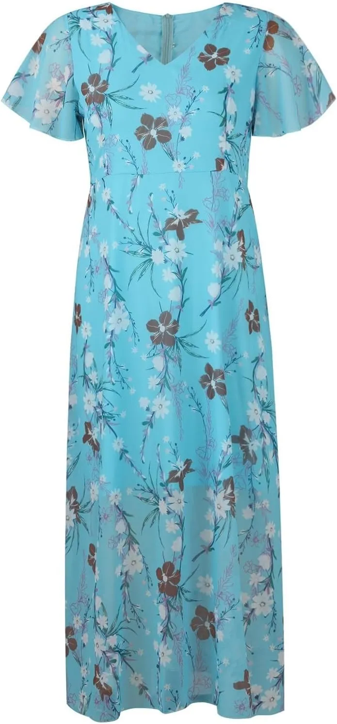 Summer Dresses for Women 2025 Swing Flowy Ruffle Hem Chiffon Floral Dresses Elegant Wrap V Neck Boho Maxi Dress