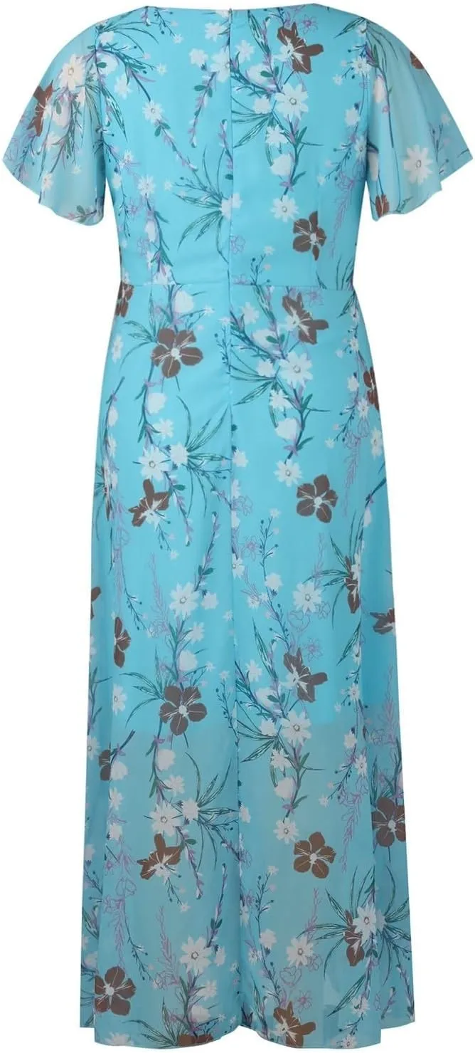 Summer Dresses for Women 2025 Swing Flowy Ruffle Hem Chiffon Floral Dresses Elegant Wrap V Neck Boho Maxi Dress