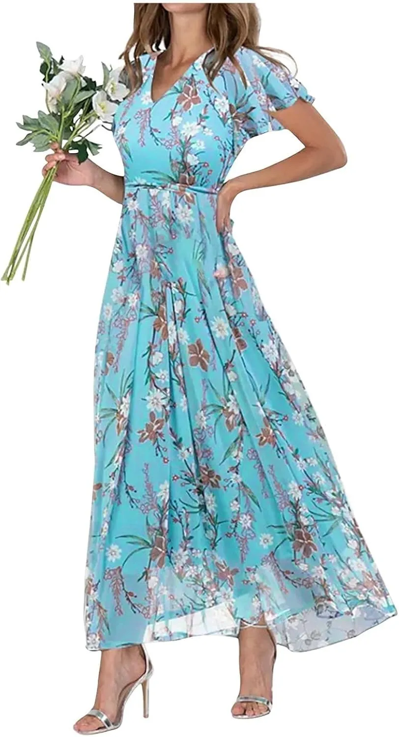 Summer Dresses for Women 2025 Swing Flowy Ruffle Hem Chiffon Floral Dresses Elegant Wrap V Neck Boho Maxi Dress
