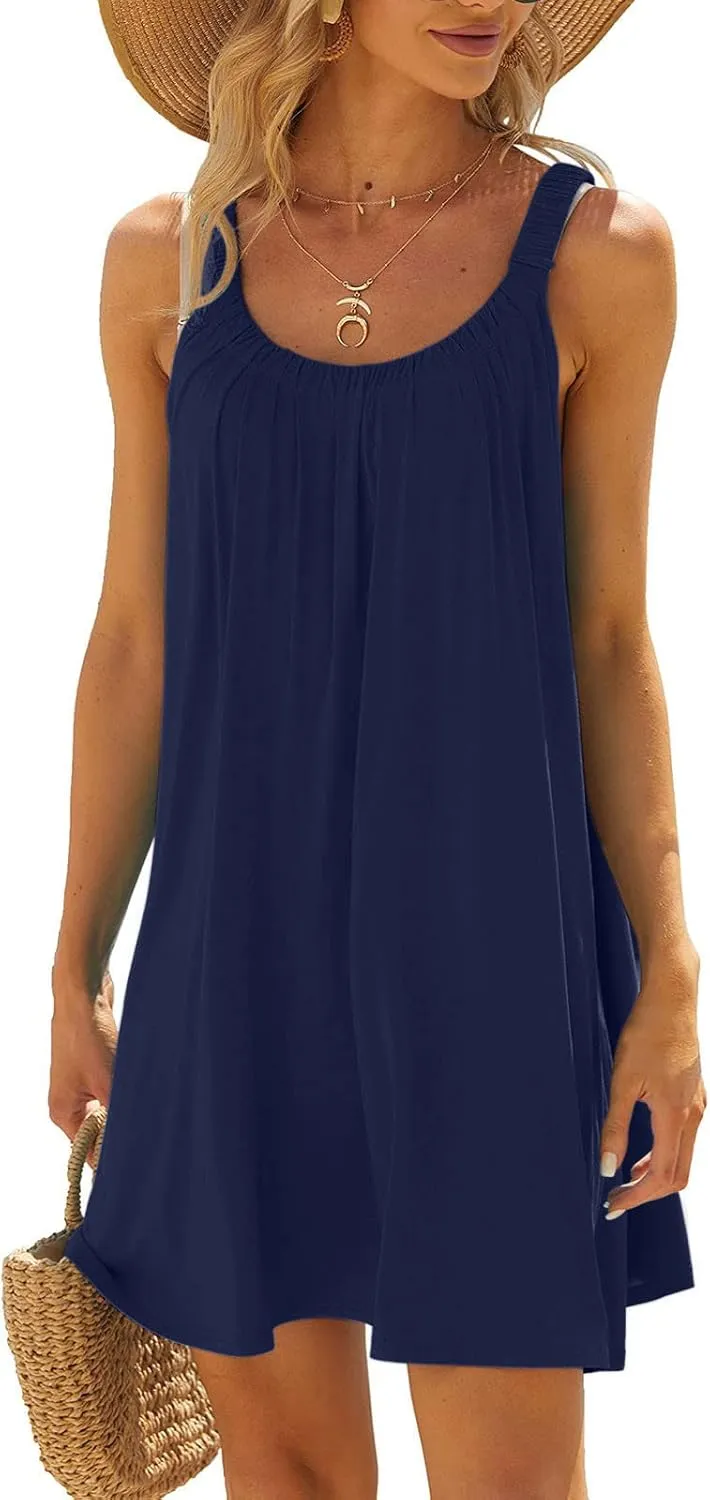 Summer Dresses for Women 2025 Trendy Casual Sleeveless Solid Color Sundress Loose Fit Pleated Beach Mini Tank Dress