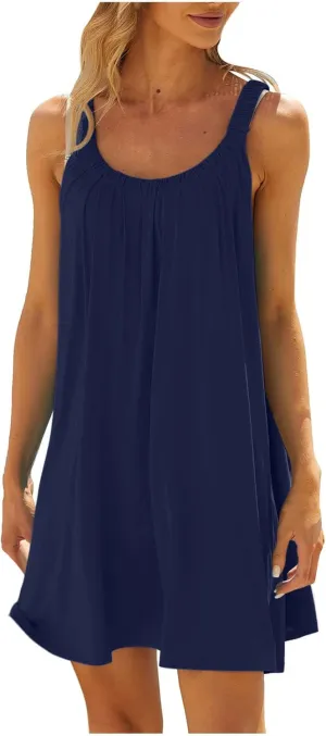 Summer Dresses for Women 2025 Trendy Casual Sleeveless Solid Color Sundress Loose Fit Pleated Beach Mini Tank Dress
