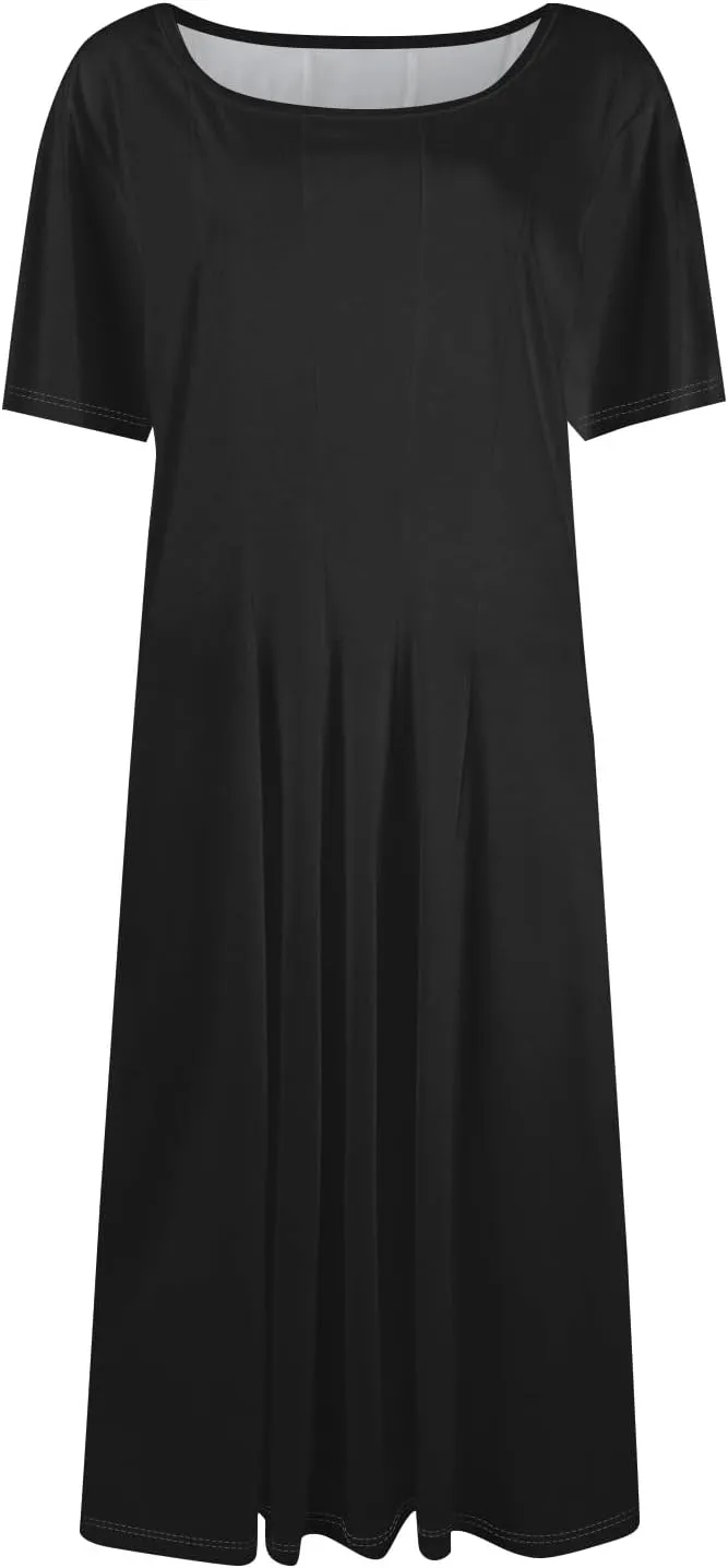 Summer Dresses for Women 2025 Trendy Short Sleeve Scoop Neck Print Beach Boho Tshirt Dress with Pockets