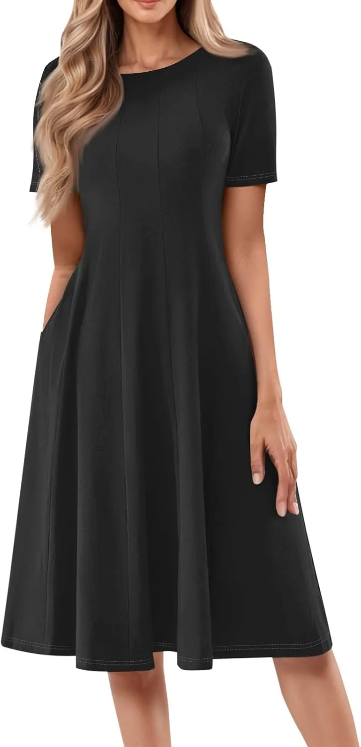 Summer Dresses for Women 2025 Trendy Short Sleeve Scoop Neck Print Beach Boho Tshirt Dress with Pockets