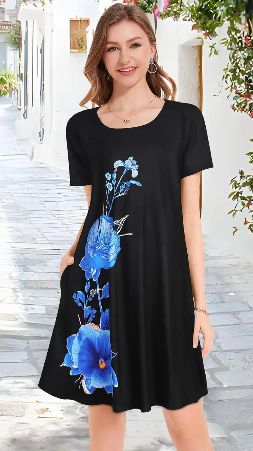 Summer Dresses for Women Casual Short Sleeve Sundress Scoop Neck Beach T Shirt Dress with Pockets