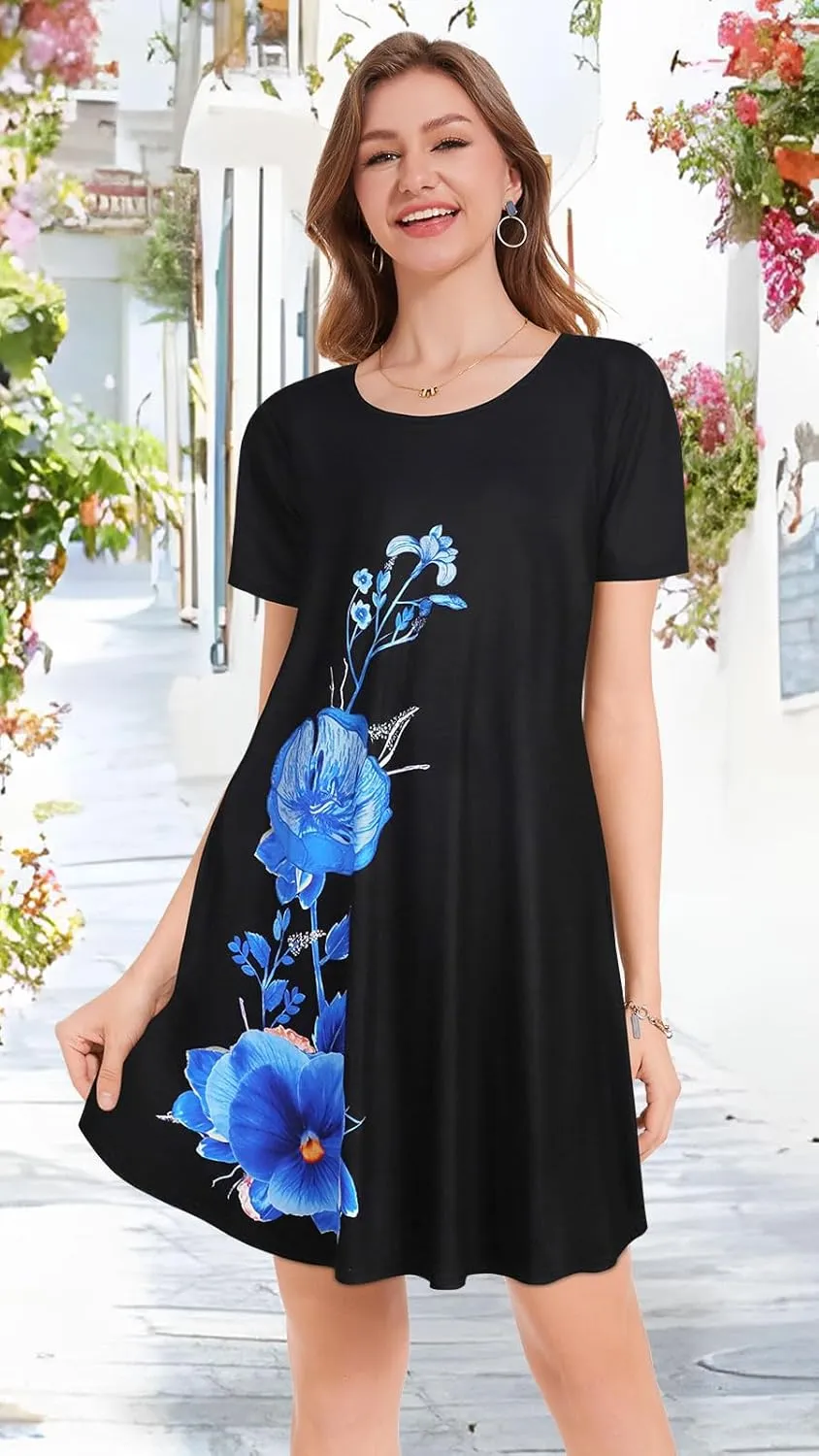 Summer Dresses for Women Casual Short Sleeve Sundress Scoop Neck Beach T Shirt Dress with Pockets